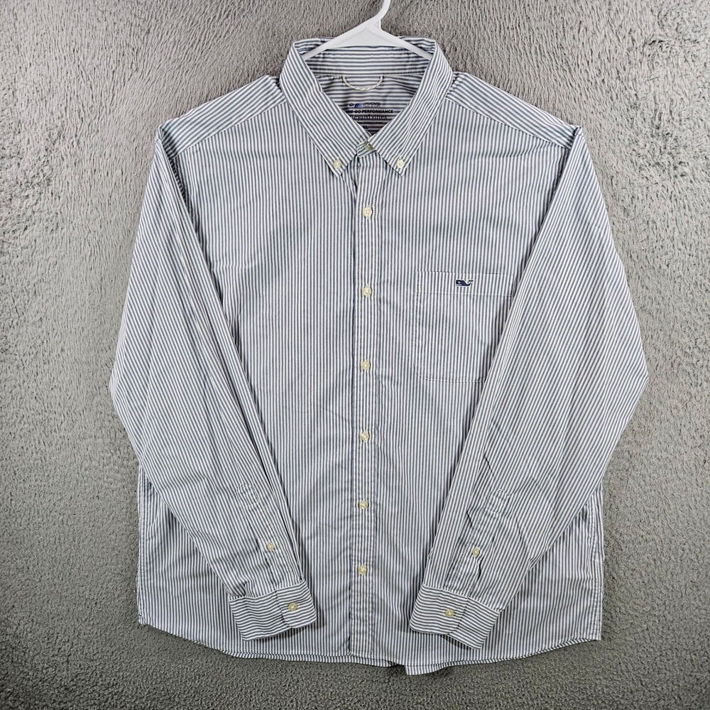 Vineyard Vines Mens XL On-The-Go Performance Stripe Button Down Shirt Blue White
